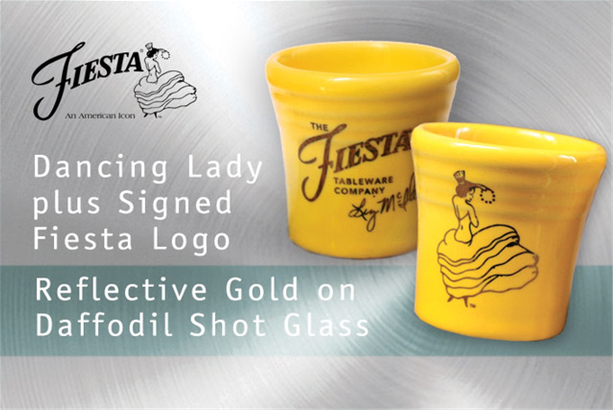 Fiesta Dancing Lady Daffodil shot glass with Liz McIlvains signature