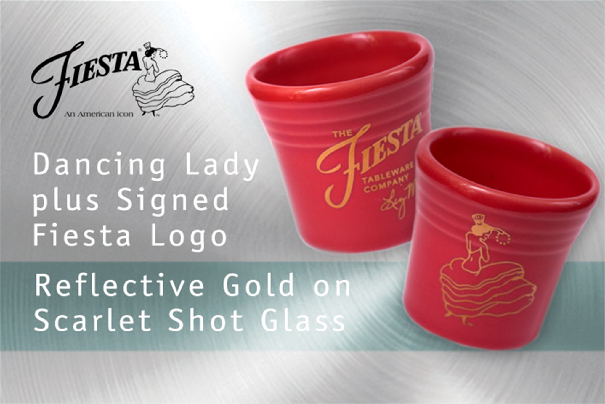 Fiesta Dancing Lady Scarlet shot glass with Liz McIlvains signature